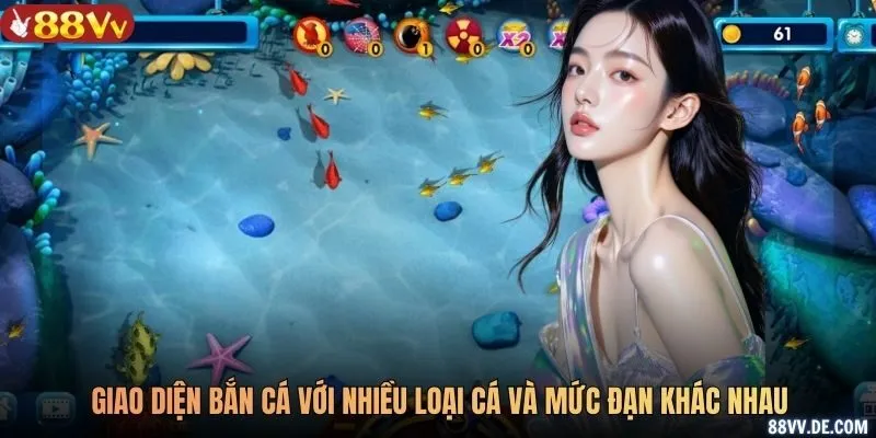 Giao diện bắn cá với nhiều loại cá và mức đạn khác nhau